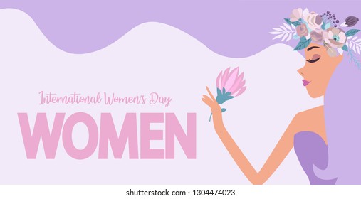 International women's day. Illustration with beautiful woman with long hair. Editable vector illustration