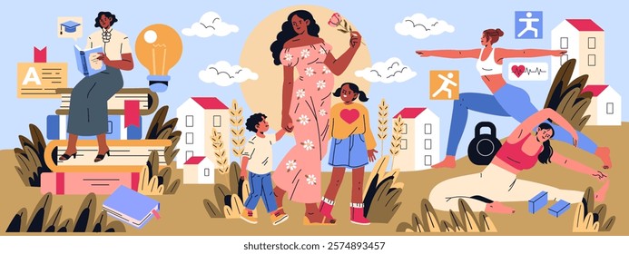 International Women's Day illustration. Celebrating the diverse accomplishments of women in education, fitness, and family. Empowering messages of growth, health, and resilience emphasized through