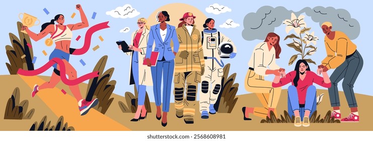 International Women's Day illustration. Celebration of women's achievements across various fields and supporting each other in challenges. Highlights empowerment, unity, and diversity among women