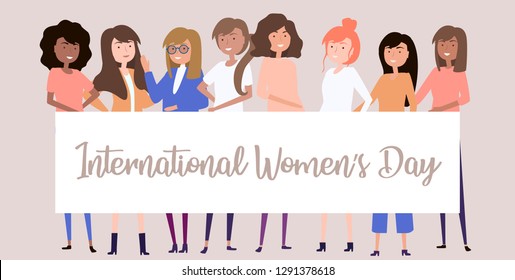 International women's day. Illustration with different girls. Editable vector illustration