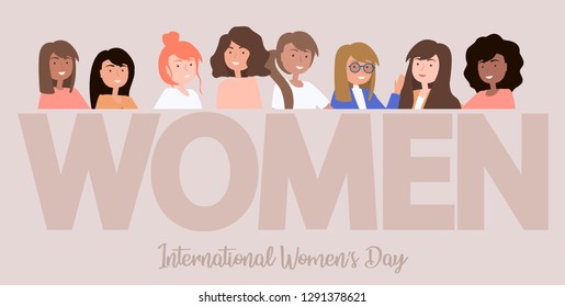 International women's day. Illustration with different girls. Editable vector illustration