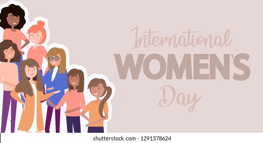 International women's day. Illustration with different girls. Editable vector illustration