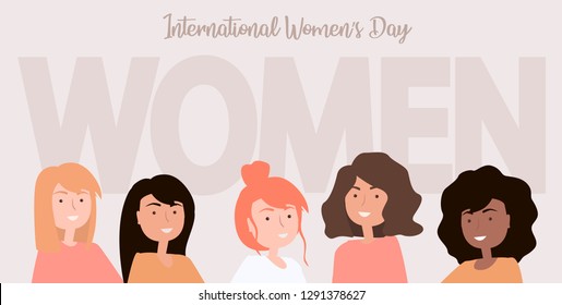 International women's day. Illustration with different girls. Editable vector illustration