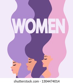 International women's day. Illustration with different women with long hair. Editable vector illustration