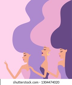 International women's day. Illustration with different women with long hair. Editable vector illustration