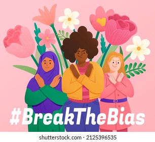 International Women's Day illustration. Diverse women crossing their arms with spring flowers in the background. 2022 break the bias concept.