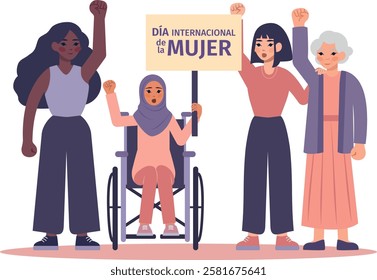 "International Women's Day" illustration with diverse women in purple pastel tones, March 8