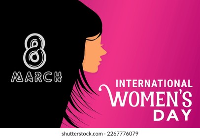 International Womens Day. Illustration of womens face with flying hair and text. Gender equality and gender equity. Womens day theme, embrace equity and women empowerment through movement