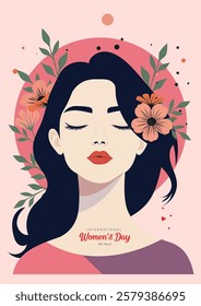 International Women's Day Illustration: A serene and elegant portrait of a woman adorned with delicate flowers, celebrating International Women's Day with a touch of artistry.