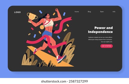 International Women's Day illustration. This design captures the essence of empowerment and victory, showcasing a woman celebrating her achievements with a trophy. It conveys a message of strength