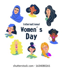International Womens Day. Illustration with women different nationalities and cultures. Cute portraits of women isolated on the white background. Flat cartoon vector illustration on white background. 