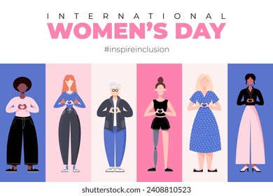 International Womens Day. Inspire inclusion 2024 campaign. Group of women of different ethnicity, age, body type, hair color vector illustration in faceless flat style.