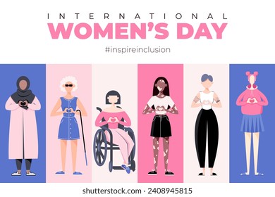 International Womens Day. Inspire inclusion 2024 campaign. Group of women of different ethnicity, age, body type, hair color vector illustration in flat style.