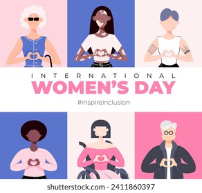 International Womens Day. Inspire inclusion 2024 campagne. Group of women of different ethnicity, age, body type, hair color vector illustration in faceless flat style.