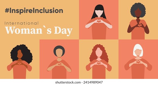 International Womens Day. Inspire inclusion 2024 campaign. Group of women of different ethnicity, age, hair color. Faceless flat style