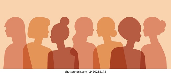 Día Internacional de la Mujer e inspirar la inclusión. Mujer abstracta en silueta de perfil en diseño de estilo plano. Pancarta horizontal. Ilustración vectorial en estilo plano