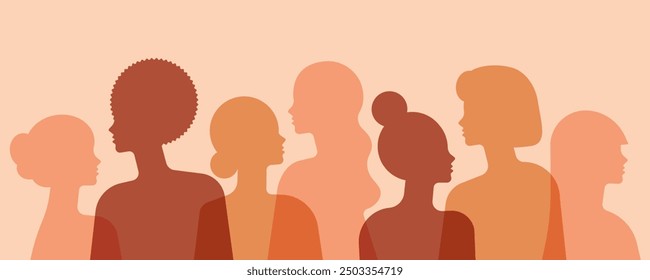 International Women's Day and inspire inclusion concept. Abstract women in profile silhouette in flat style design. Horizontal banner. Vector illustration in flat style