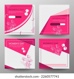 International Women's Day. Instagram 8 March posts collection. Editable post template set for banner sale, invitation, stories, streaming.Screen backdrop for mobile app.Social media story mockup. Pink