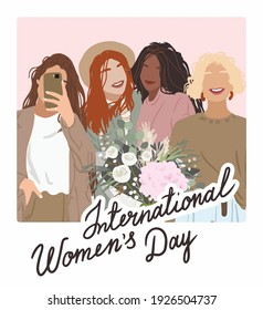 International Women's Day Instant Snapshot. Vector Contemporary Illustration Of Abstract Women With Different Skin Colors. Cute Card For The Spring Holiday.