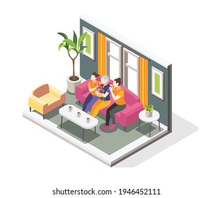International womens day isometric composition with home interior and women of different age sitting on sofa vector illustration