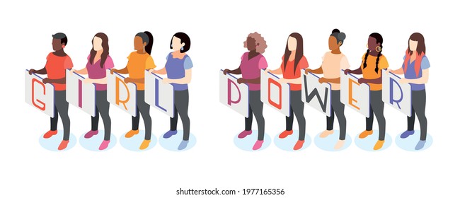 International womens day isometric composition with female characters of different color standing in line holding placards vector illustration