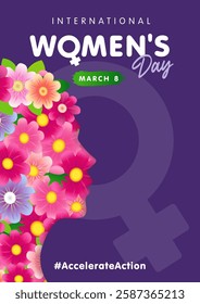 International Womens Day IWD 2025 creative poster design. Happy Woman's Day March 8 - Accelerate Action with flowers in girl head silhouette and female symbol. Vector Illustration
