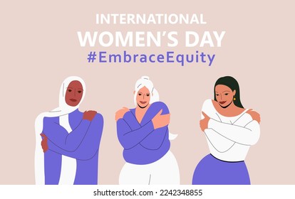 Internationaler Frauentag. IWD. 8. März. Kampagne 2023 Thema Hashtag #EmraceEquity Eigenkapital einbinden. Eine Gruppe von jungen schönen Frauen unterschiedlicher ethnischer Herkunft umarmt sich. EPS10.