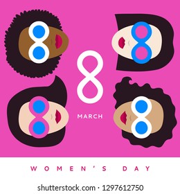International women's day (IWD) March 8 - women's rights Day and femininity day. Greeting card, banner in the style of flat design. Women in sunglasses of different nationalities. Vector illustration