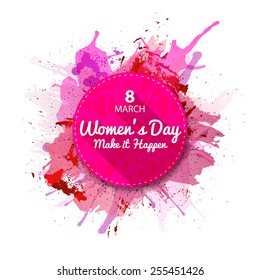 International Women's Day label, flat style. Pink Watercolor blots background.