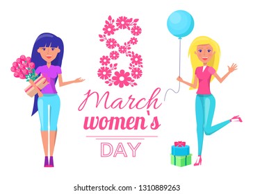 International womens day, lady with bouquet of flowers, balloon, gift boxes and lettering congratulations. Vector 8 march poster with happy girl greetings