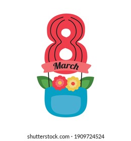 international womens day lettering card in ribbon with eight number vector illustration design
