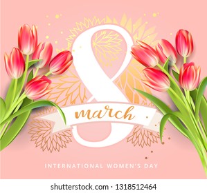 International Womens Day. Lettering design. 8 March Women's Day greeting card template with bouquet of tulip flowers in pink soft background with golden ornament lettering Vector illustration 