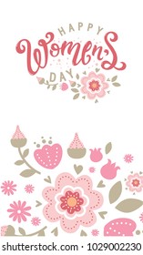 International Women's Day. Lettering Happy Womens day with flowers, tulips. Design For invitations, wedding printing, postcards, packaging paper design. 