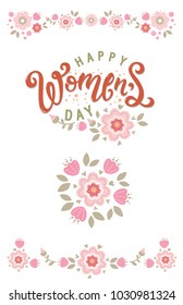 International Women's Day. Lettering Happy Womens day with flowers, tulips. Design For invitations, wedding printing, postcards, packaging paper design. 