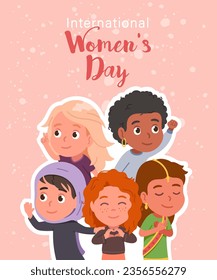 International Womens Day lettering on card. Happy multiethnic girl lady with greeting, love hand gestures on postcard. Female holiday, mother day concept poster design flat vector people illustration