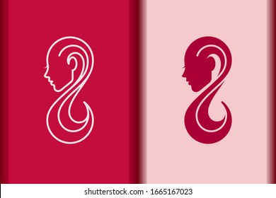 International Women's Day logo minimal design element.Creative 8 March symbol concept with stylish pink.Beautiful woman face and long hair portrait silhouette for Spa,fashion,hairdressing icon vector.