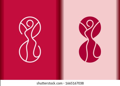 International Women's Day logo minimal design element.Creative 8 March symbol concept with stylish pink.Beauty relaxation and health body line woman silhouette for Spa,fashion,wellness icon vector.