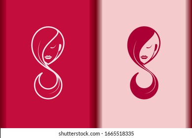 International Women's Day logo minimal design element.Creative 8 March symbol concept with stylish pink.Beautiful woman face and long hair portrait silhouette for Spa,fashion,hairdressing icon vector.