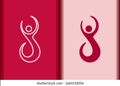 International Women's Day logo minimal design element.Creative 8 March symbol concept with stylish pink.Beauty relaxation and health body line woman silhouette for Spa,fashion,wellness icon vector.