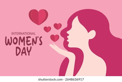 International Women's Day Love Heart's design with paper cut woman face blowing kiss on pink background,Pink Women's Day Heart Design,International Women's Day Art Banner vector.