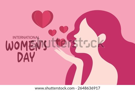 International Women's Day Love Heart's design with paper cut woman face blowing kiss on pink background,Pink Women's Day Heart Design,International Women's Day Art Banner vector.