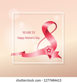 International Women's Day March 8 ribbon text design with pink flower. Greeting design in gradient light pink color background. Template for a poster, cards, banner, greetings. Elegant design.