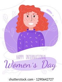 International Womens Day (March 8) postcard template with smiling European red-haired girl in sweater. Colorful vector illustration for web and printing.