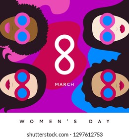 International women's day March 8 - women's rights Day and femininity day. Greeting card, banner in the style of flat design. Set of Women in sunglasses of different nationalities. Vector illustration