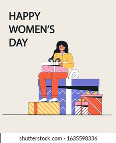 International women's day, March 8. A woman is sitting on a large big gifts. Trendy, modern vector illustration in a flat style on a white background. Suitable for banners,  greeting card template