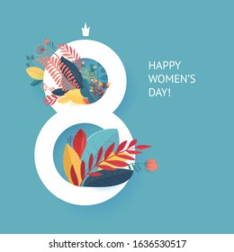 International Women's Day. March 8 banner with floral decor. Spring plants, leaves and flowers. Template for a poster, cards, banner Vector illustration.