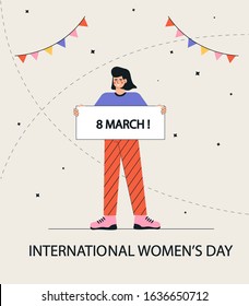 International women's day, March 8. A young girl holds a billboard with the text on March 8. Trendy, modern vector illustration in a flat style on a white background.