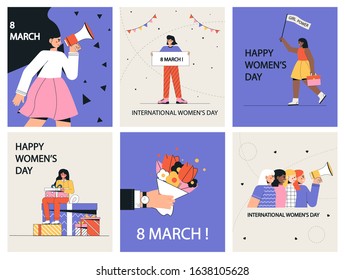 International women's day, March 8. Trendy, modern vector illustration in a flat style on a white background. Girls are fighting for freedom, feminism, a man's hand with bouquet, woman with a speaker.