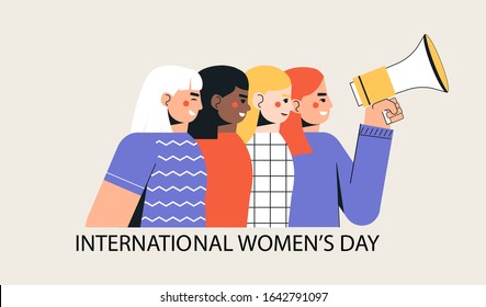 International women's day, March 8. A group of girls and women are in formation with a loudspeaker celebrating the holiday. Trendy, modern vector illustration in a flat style on a white background. - Shutterstock ID 1642791097