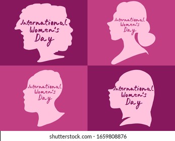 International women's day March 8 feminism Poster. Silhouettes of side profiles of multicultural women of all races. Graphic vector set political illustrations.